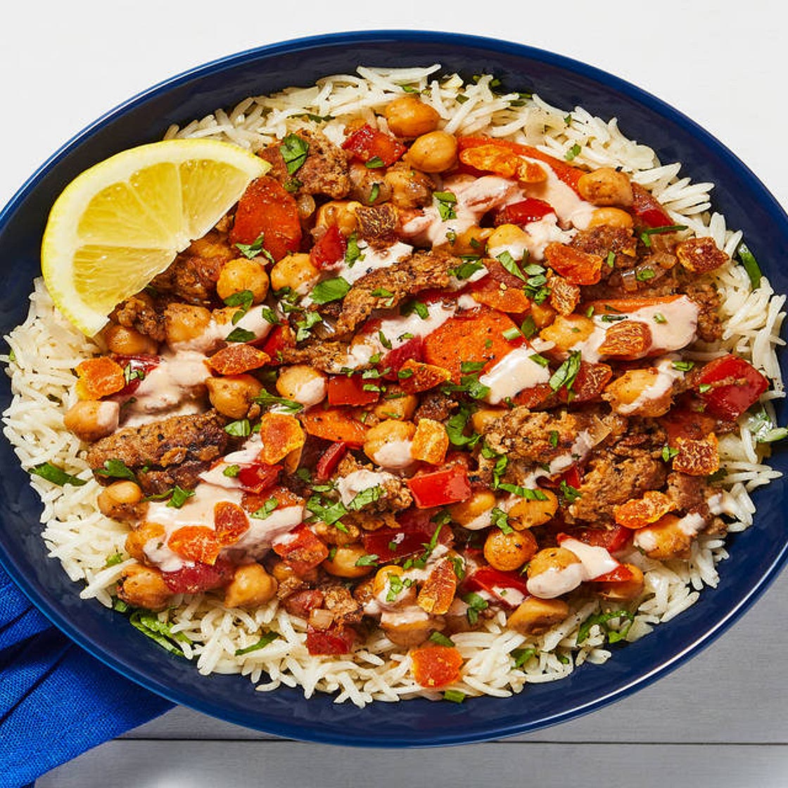 Moroccan Chicken Sausage Tagine with Dried Apricots & Chickpeas over Basmati Rice