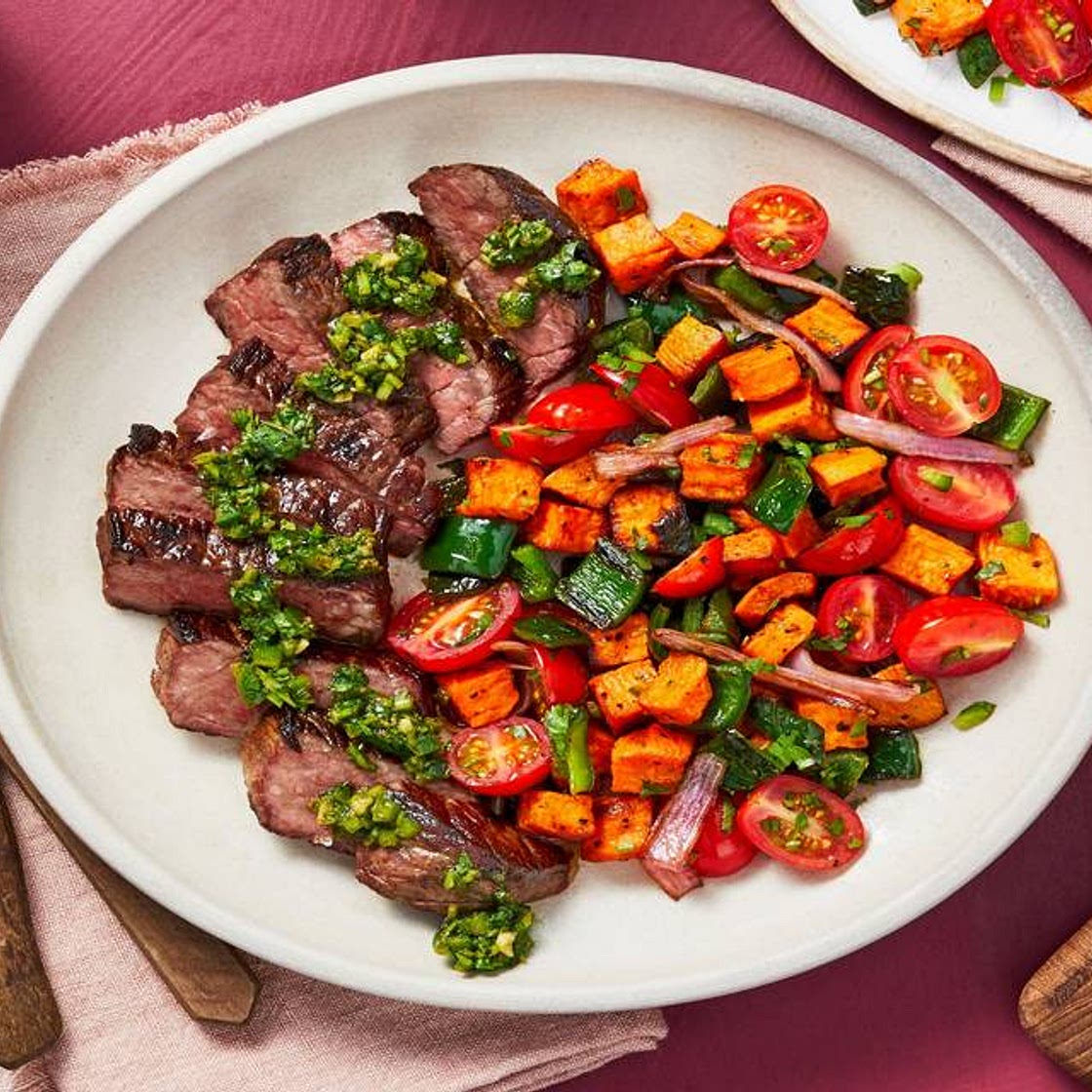 Argentine Chimichurri Steak with a Sweet Potato, Poblano, and Tomato Jumble