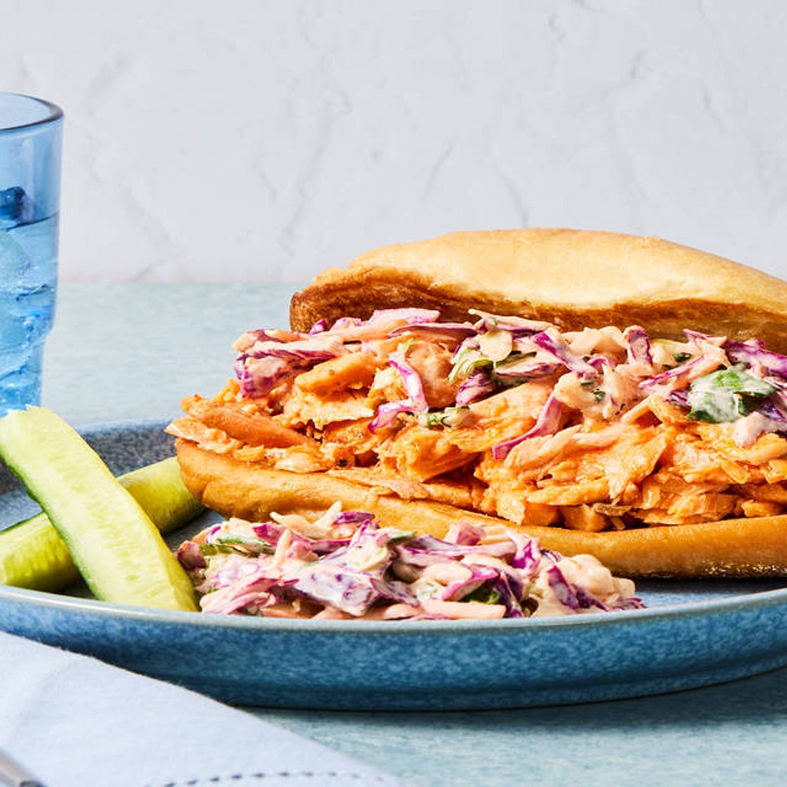 Salmon Banh Mi Baguettes with Spicy Slaw & Cucumber Spears