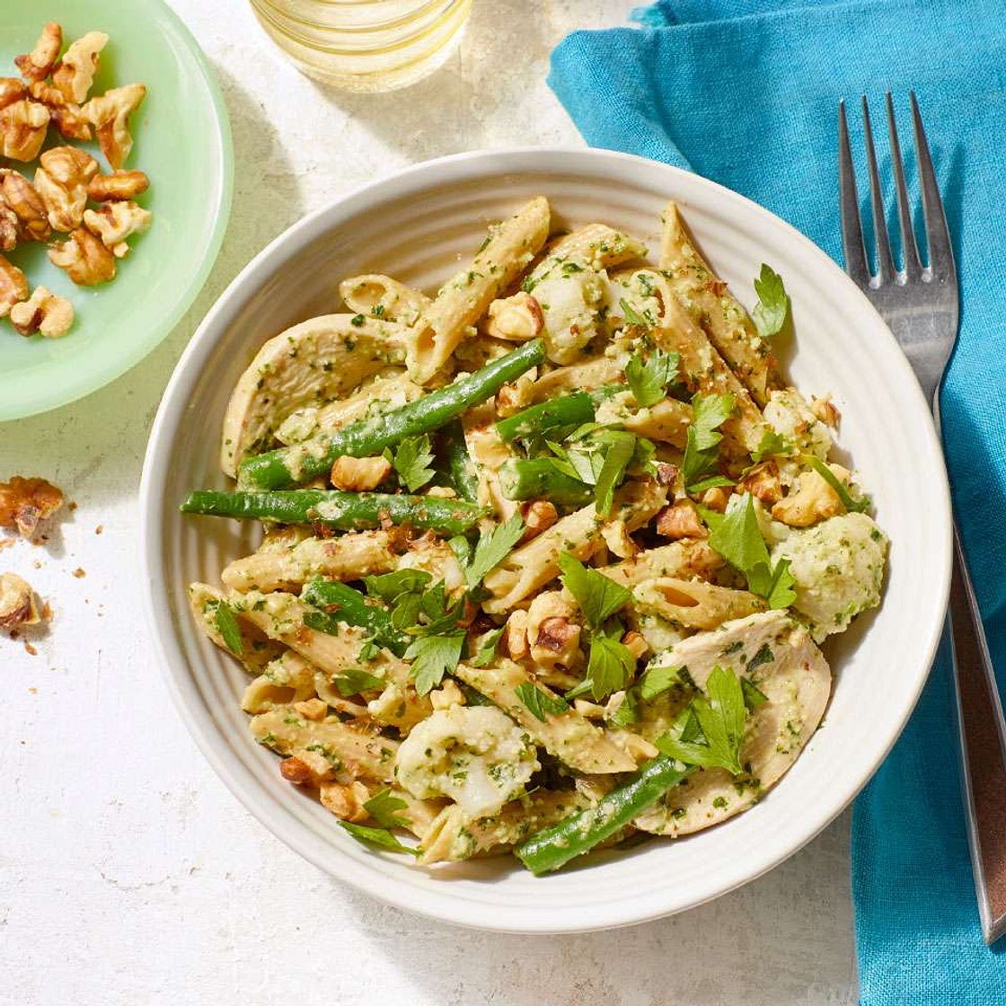 Chicken & Vegetable Penne with Parsley-Walnut Pesto
