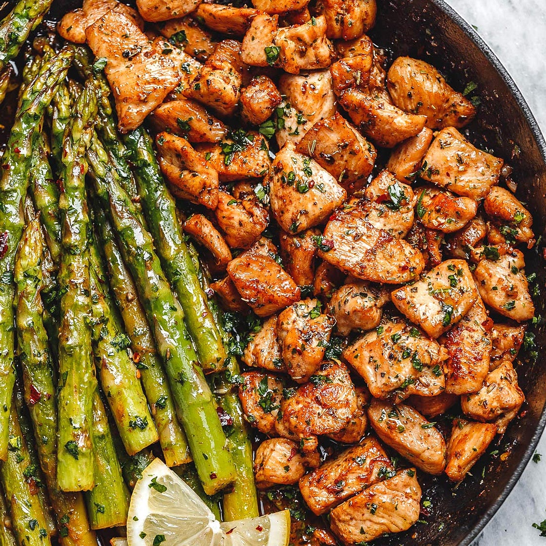 Garlic Butter Chicken Bites with Lemon Asparagus