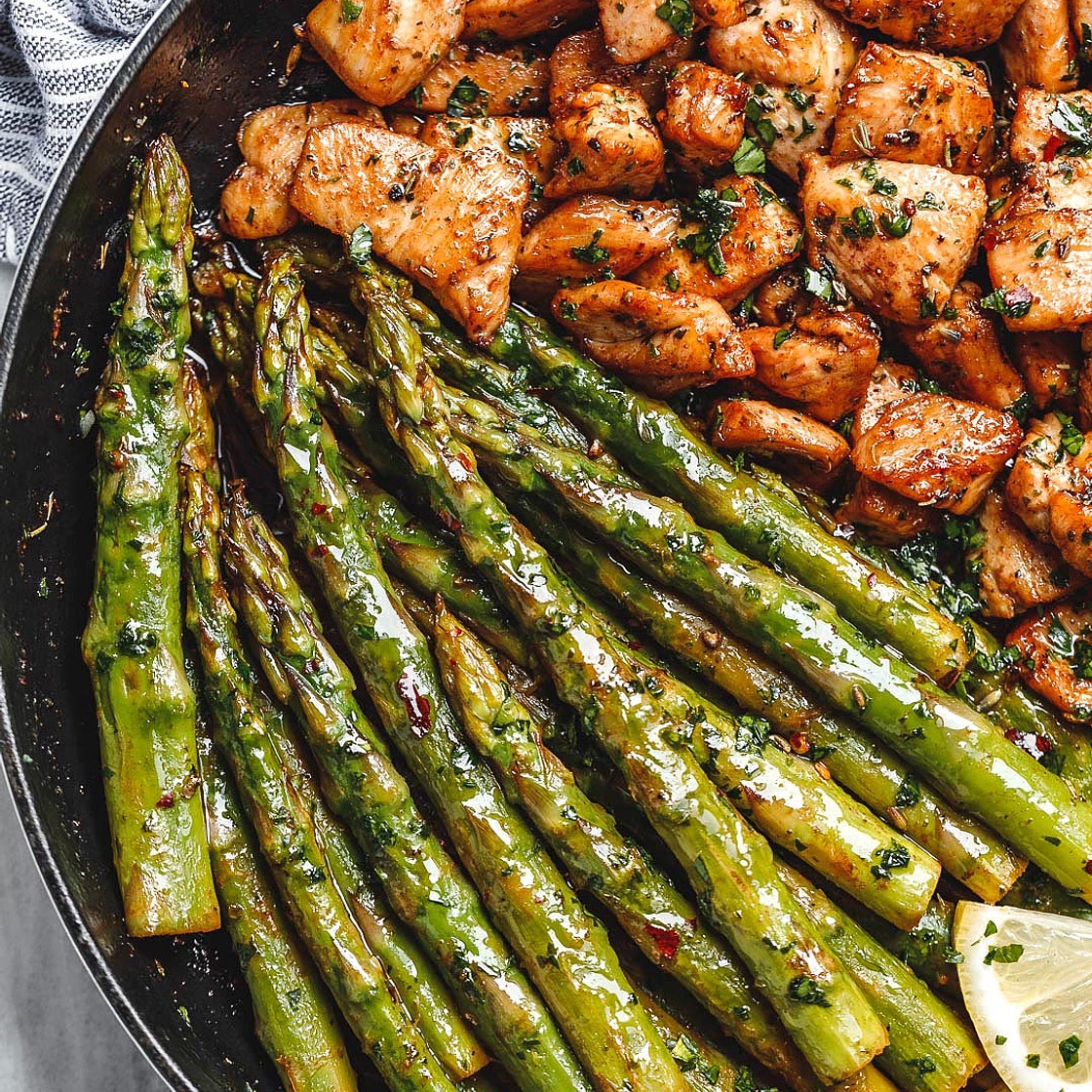 Garlic Butter Chicken Bites with Lemon Asparagus