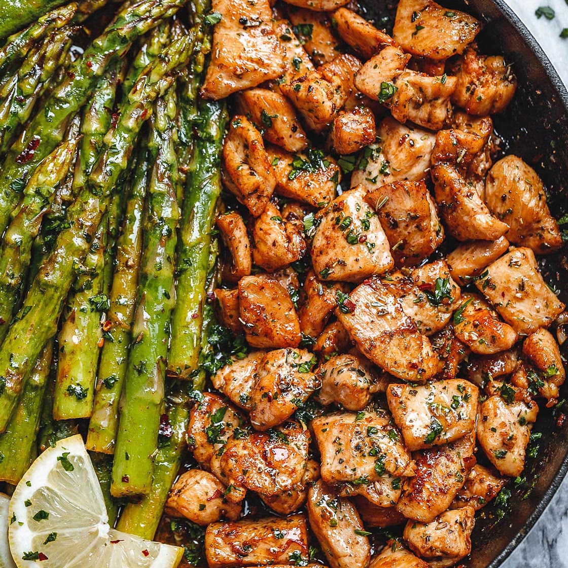 Garlic Butter Chicken Bites with Lemon Asparagus