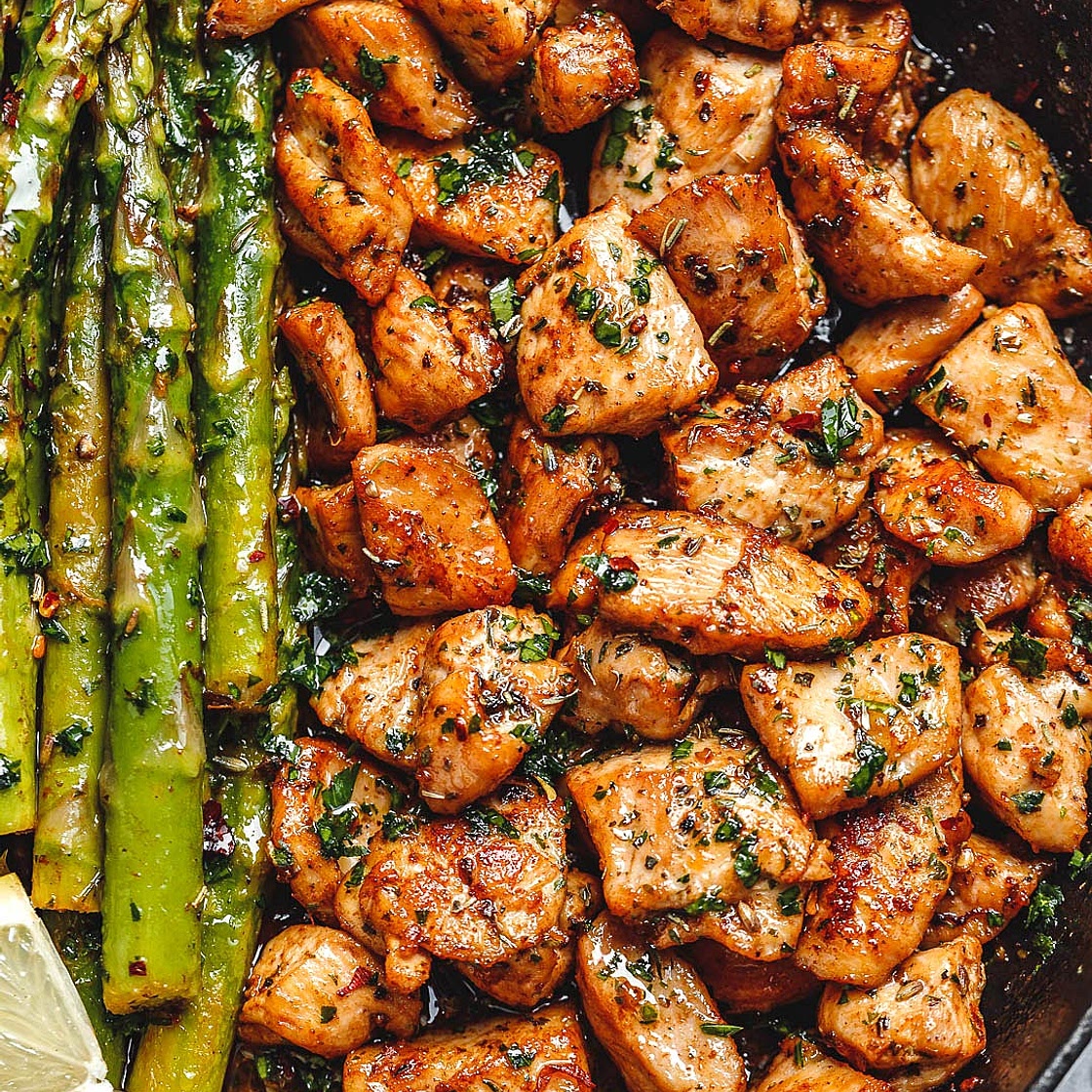 Garlic Butter Chicken Bites with Lemon Asparagus