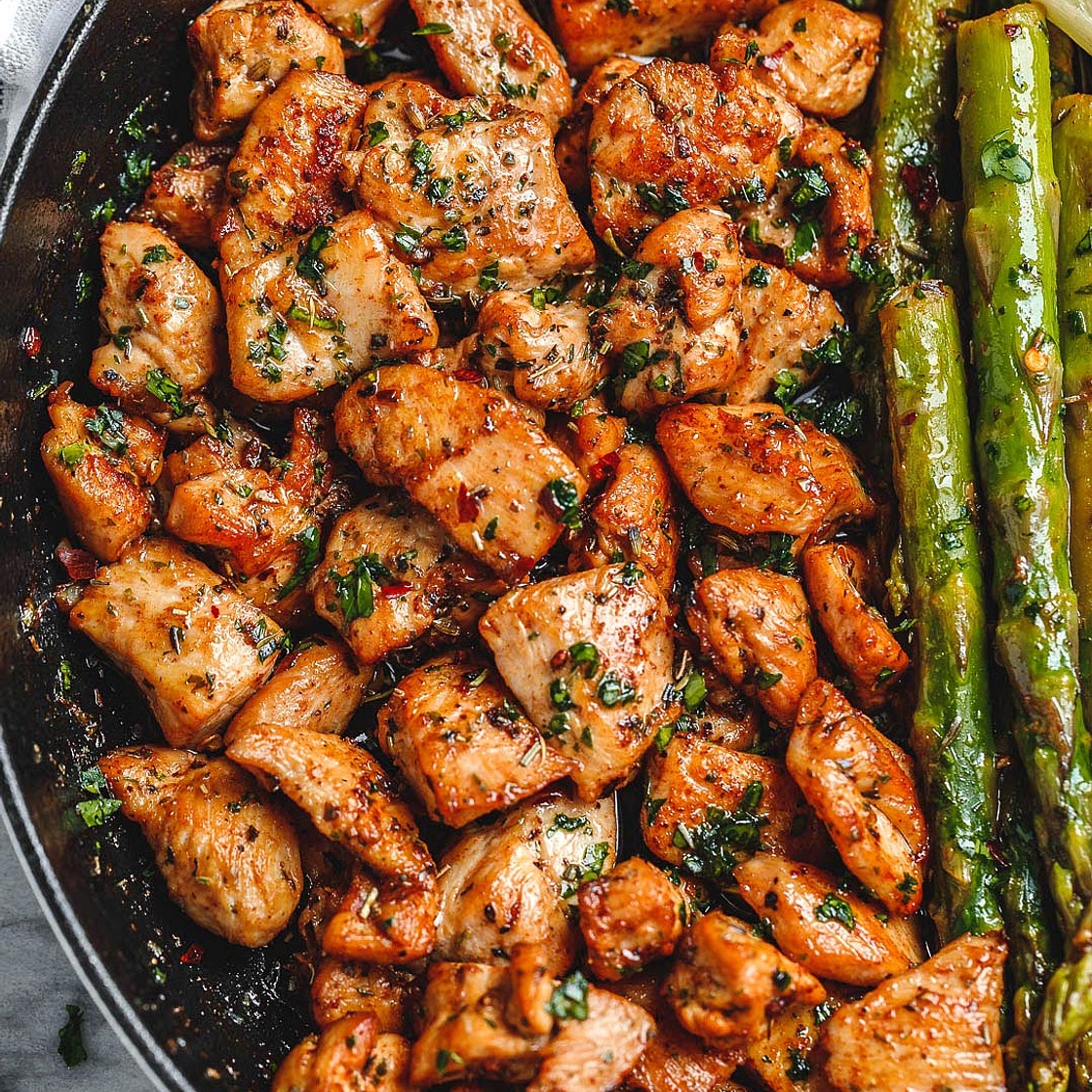 Garlic Butter Chicken Bites with Lemon Asparagus