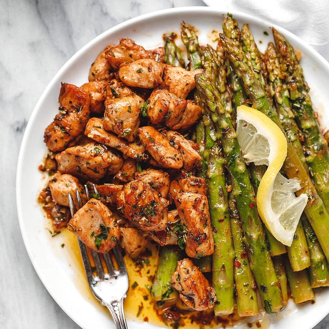 Garlic Butter Chicken Bites with Lemon Asparagus