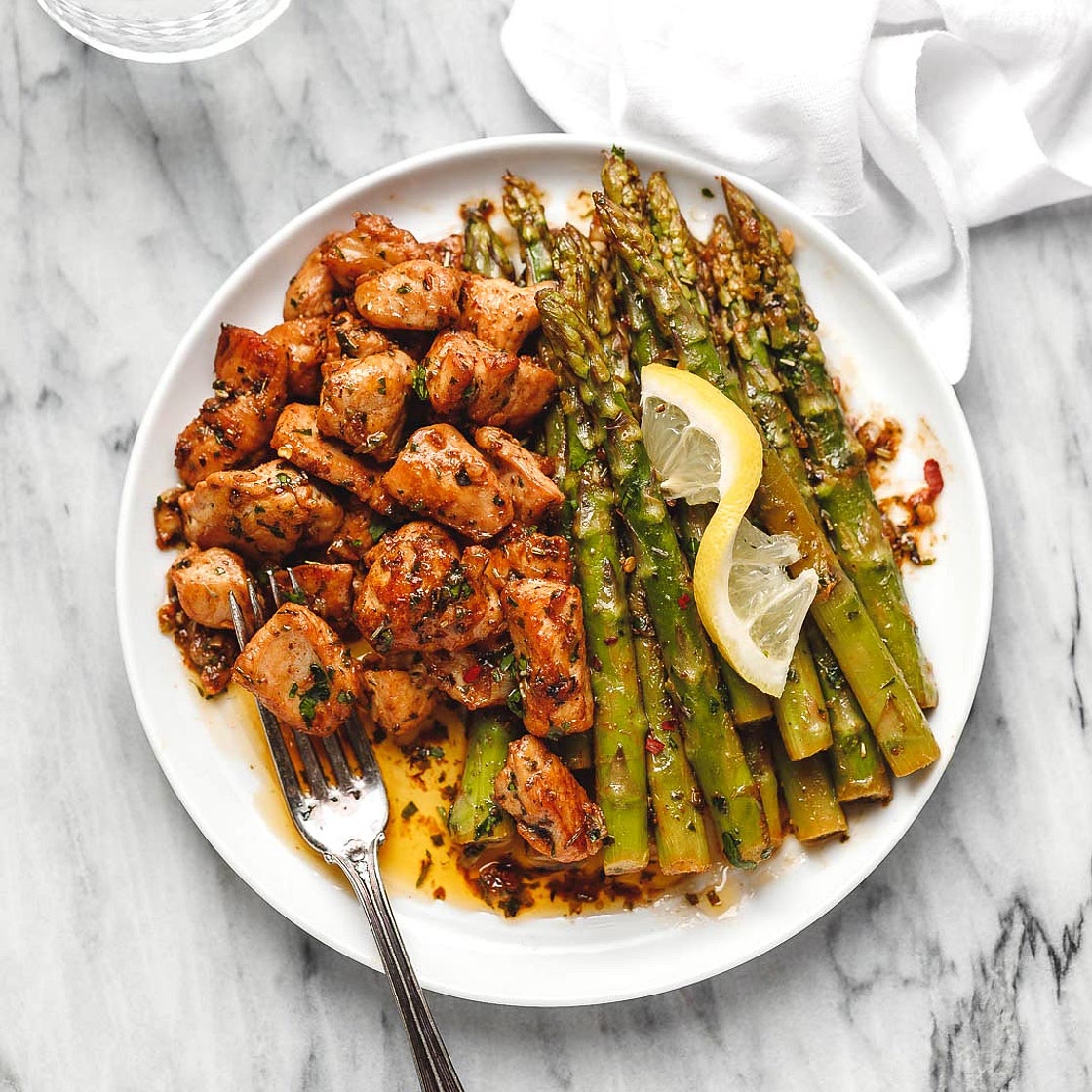 Garlic Butter Chicken Bites with Lemon Asparagus