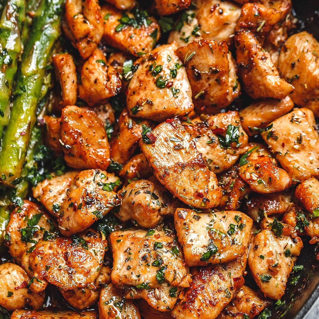Garlic Butter Chicken Bites with Lemon Asparagus