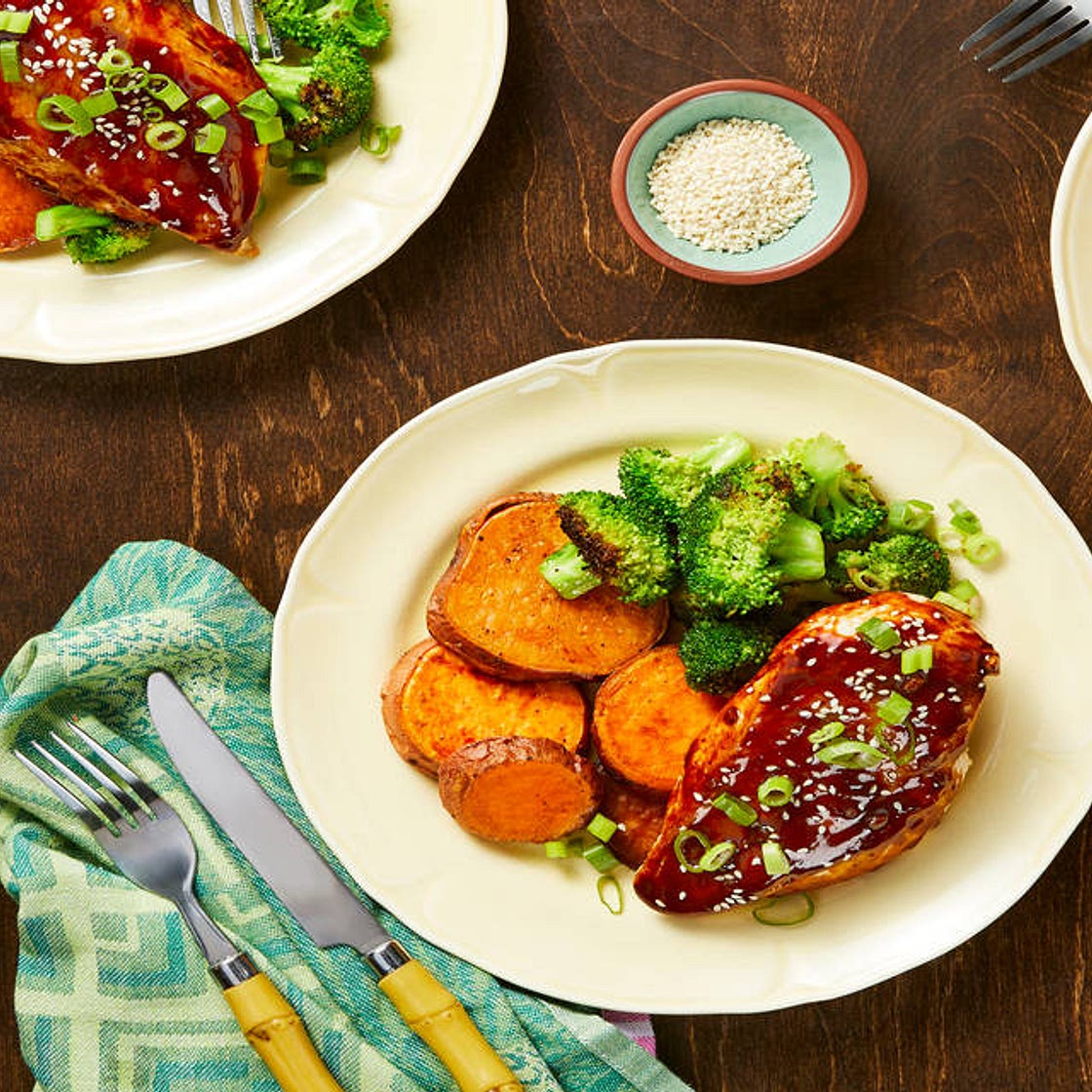 Sriracha Cha-Cha Chicken with Hoisin, Roasted Sweet Potatoes, and Broccoli