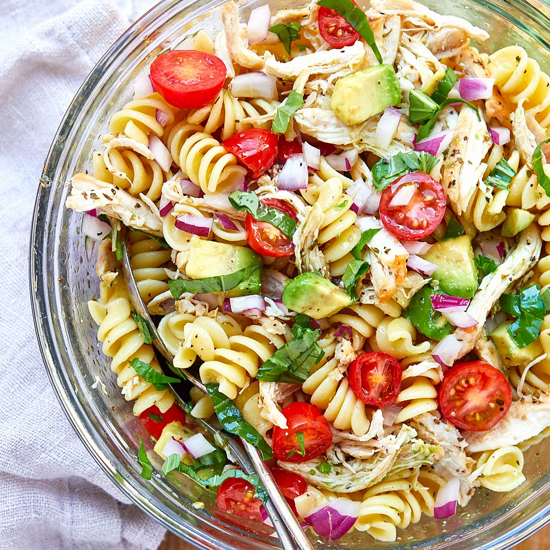 Healthy Chicken Pasta Salad with Avocado, Tomato, and Basil ﻿