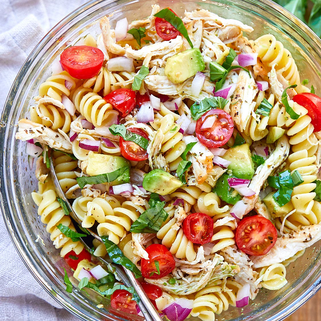 Healthy Chicken Pasta Salad with Avocado, Tomato, and Basil ﻿