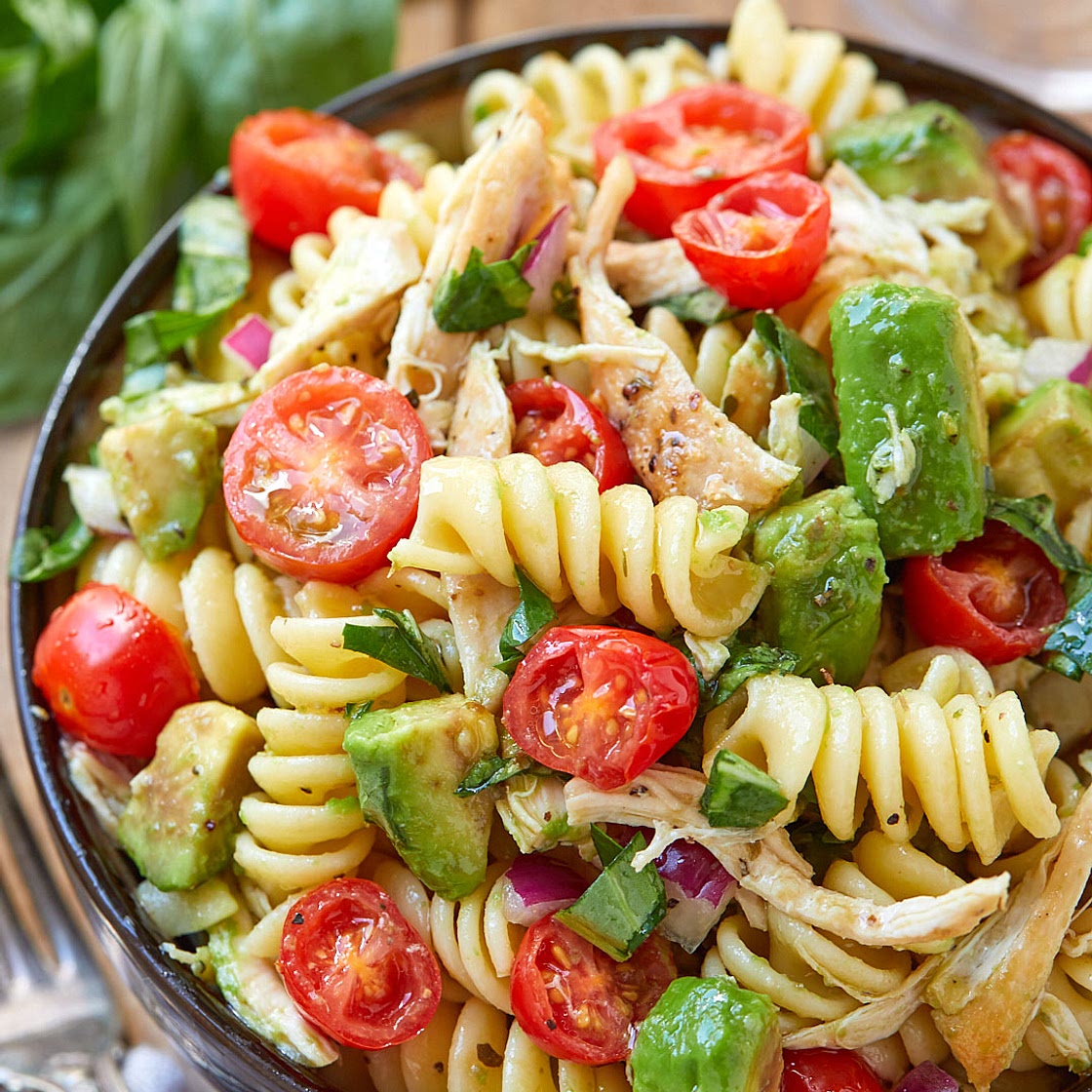 Healthy Chicken Pasta Salad with Avocado, Tomato, and Basil ﻿