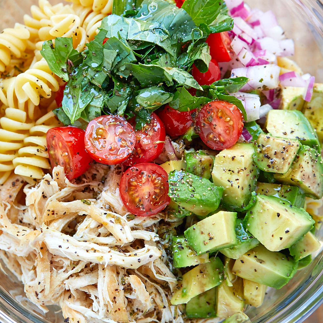 Healthy Chicken Pasta Salad with Avocado, Tomato, and Basil ﻿