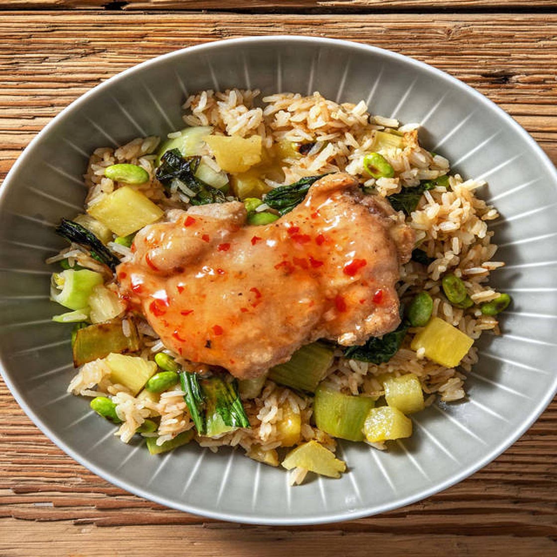 Sweet and Sour Chicken Bowl with Jasmine Rice and Pineapple Stir-Fry