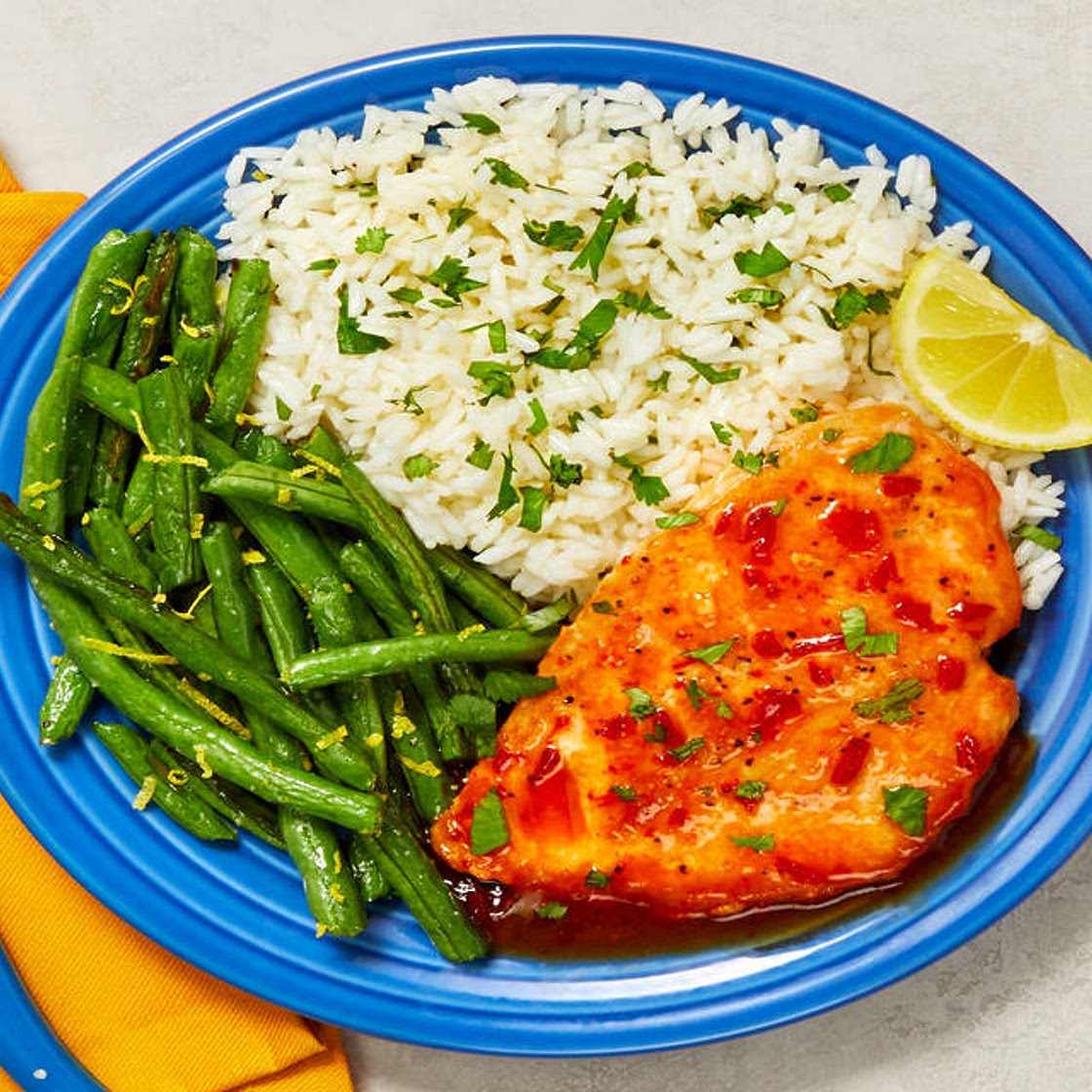 Jammy Red Pepper Chicken with Lemony Green Beans & Cilantro Rice