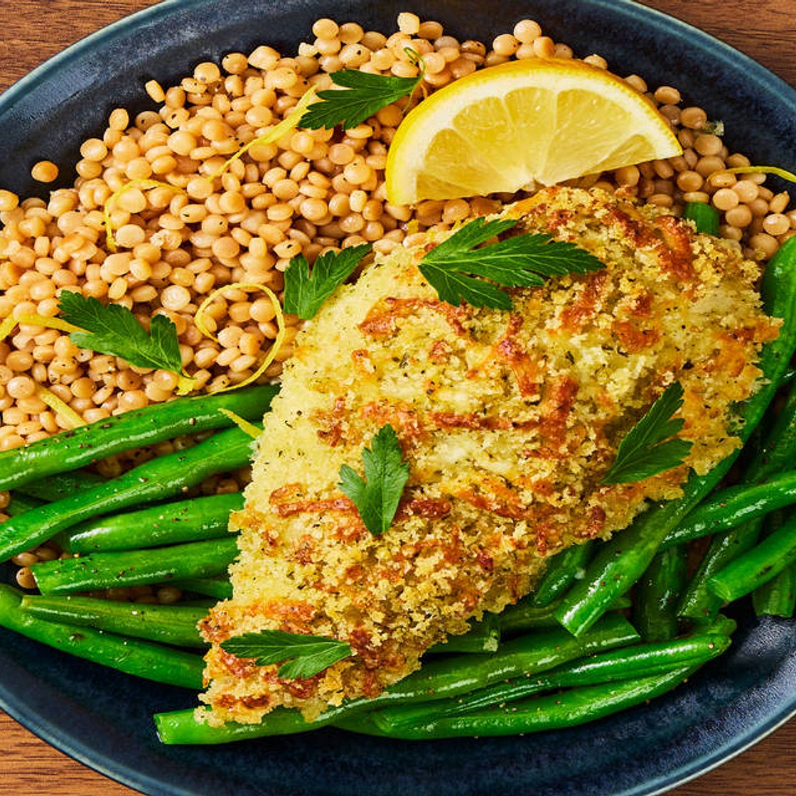 Mozzarella & Herb Chicken with Roasted Green Beans & Buttery Couscous