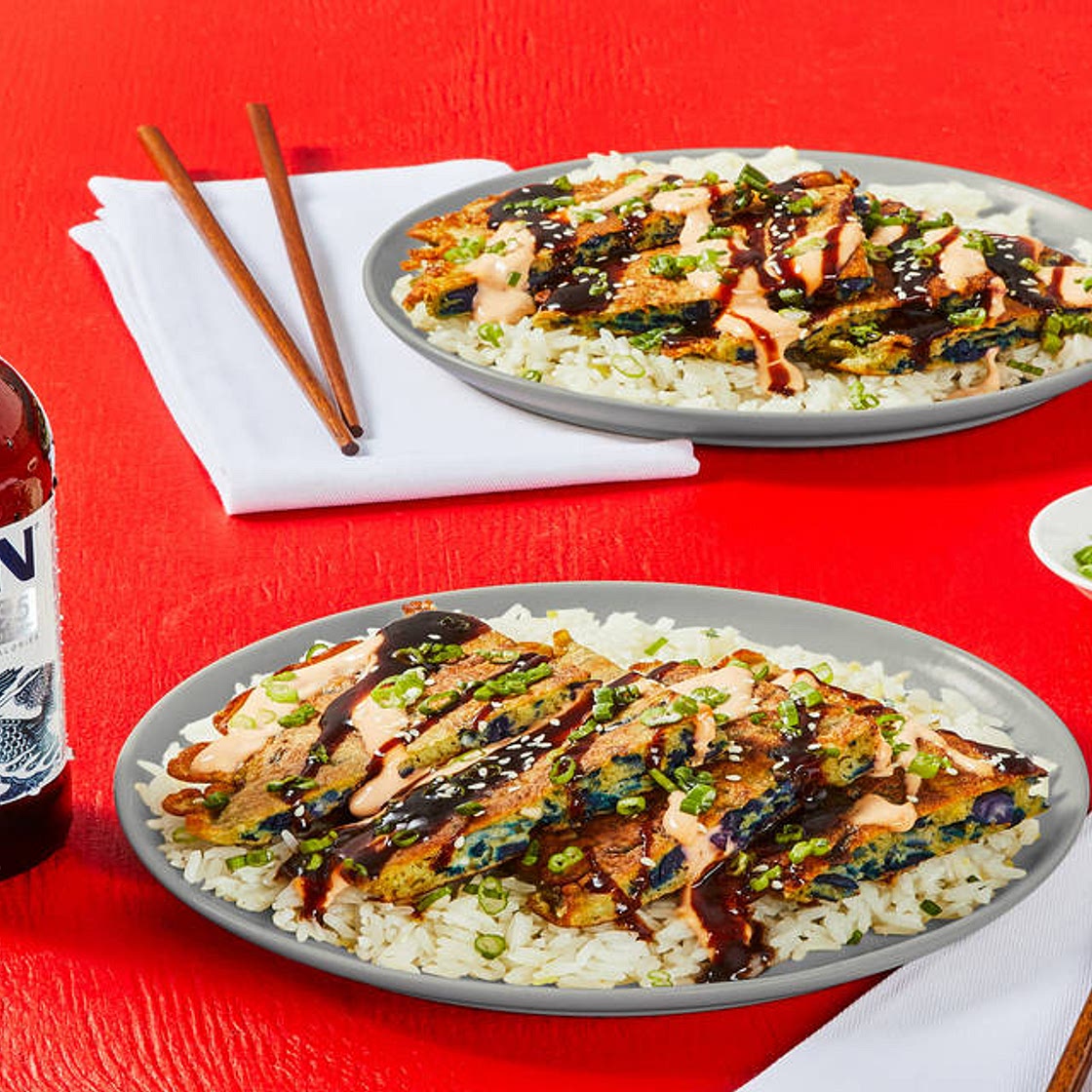 Red Cabbage Okonomiyaki Fritters with Ginger Rice, Hoisin & Spicy Mayo