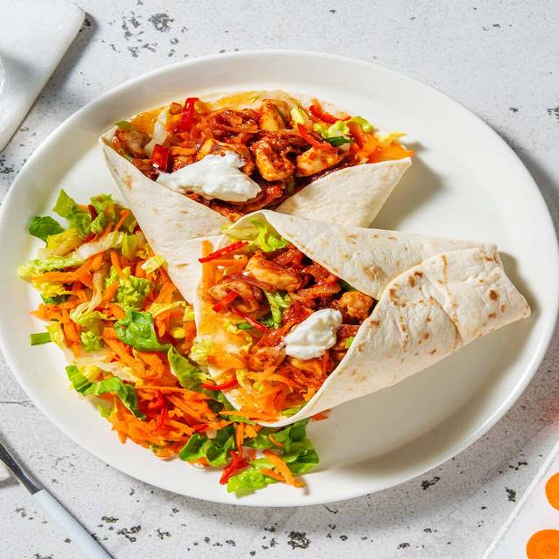 Curried Chicken Wraps with Mango Chutney, Yoghurt and Baby Gem Salad