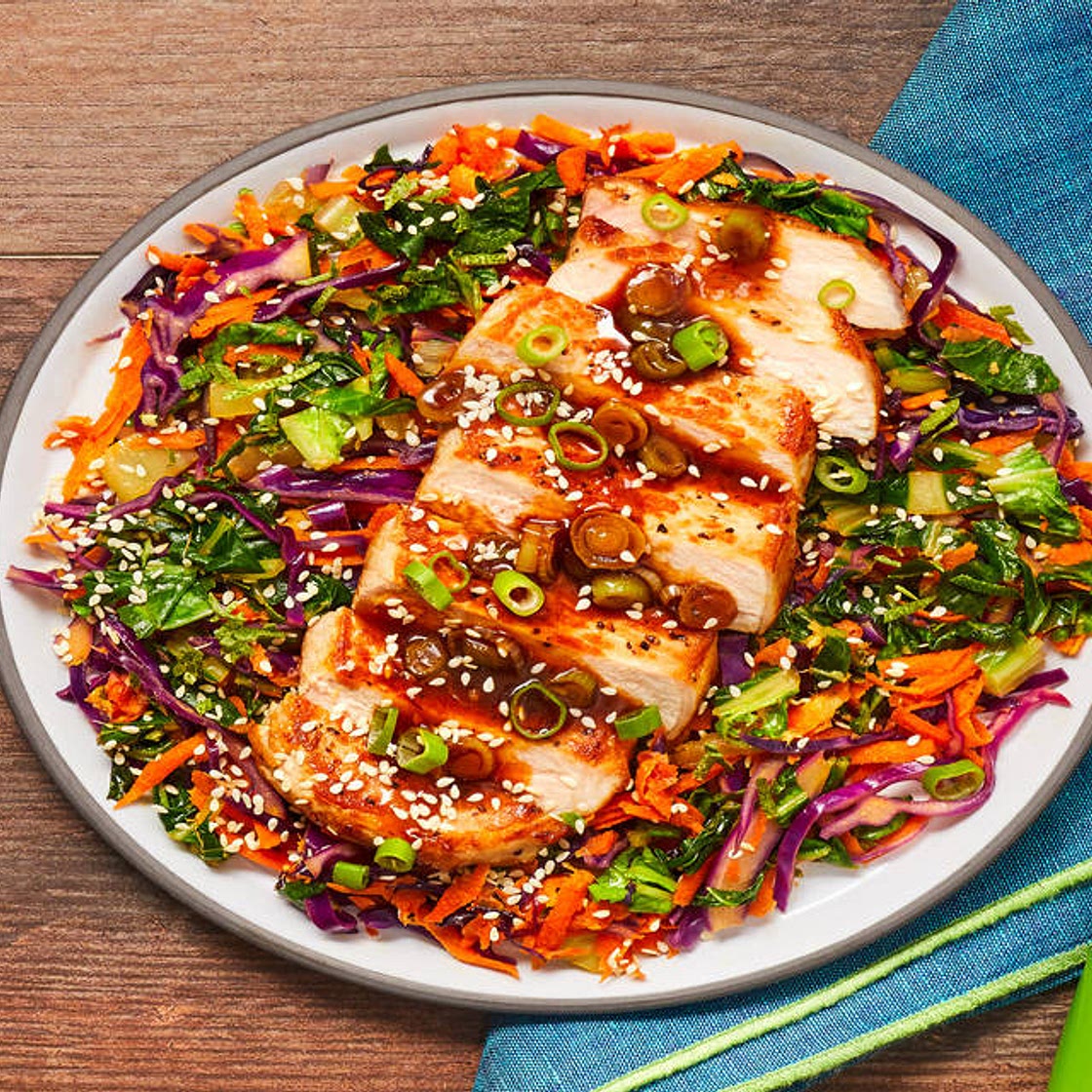 Bulgogi-Style Pork Chops with Gingery Stir-Fried Bok Choy, Cabbage & Carrot