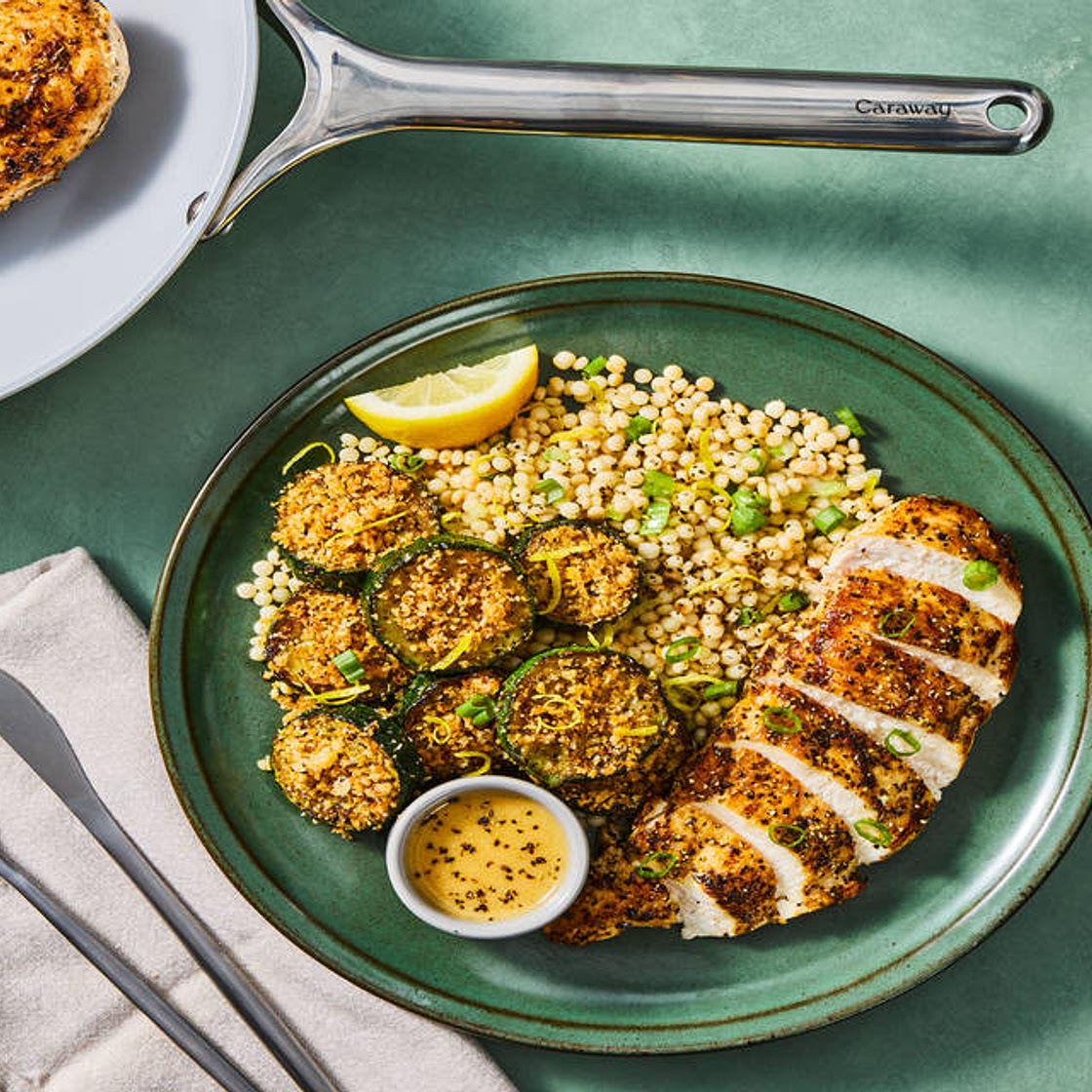 Creamy Lemon Butter Chicken with Parmesan Zucchini Rounds & Scallion Couscous