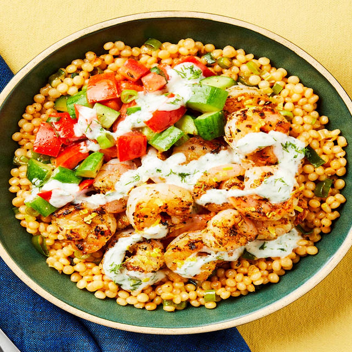 Lemony Shrimp & Couscous Bowls with Cucumber-Tomato Salad & Creamy Yogurt Sauce