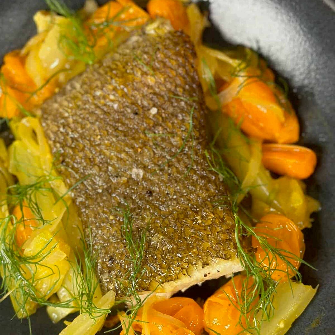 Crispy Chilean Sea Bass with Roasted Fennel and Tomato