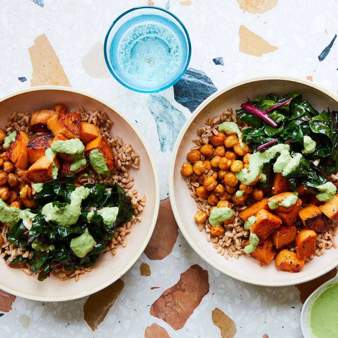 Grain Bowl With Roasted Sweet Potatoes, Spiced Chickpeas, and Chard