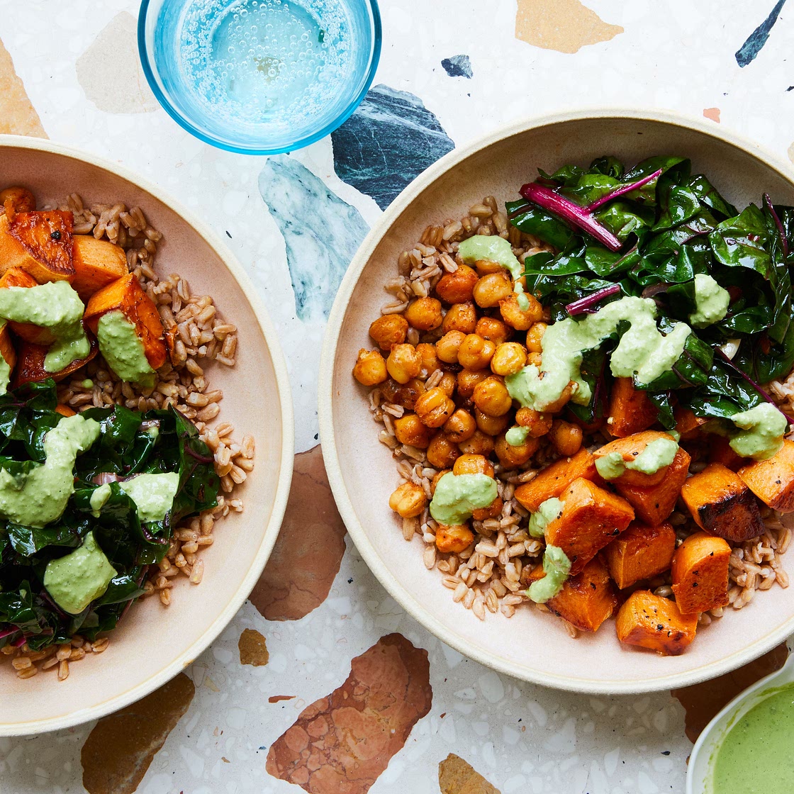 Grain Bowl With Roasted Sweet Potatoes, Spiced Chickpeas, and Chard