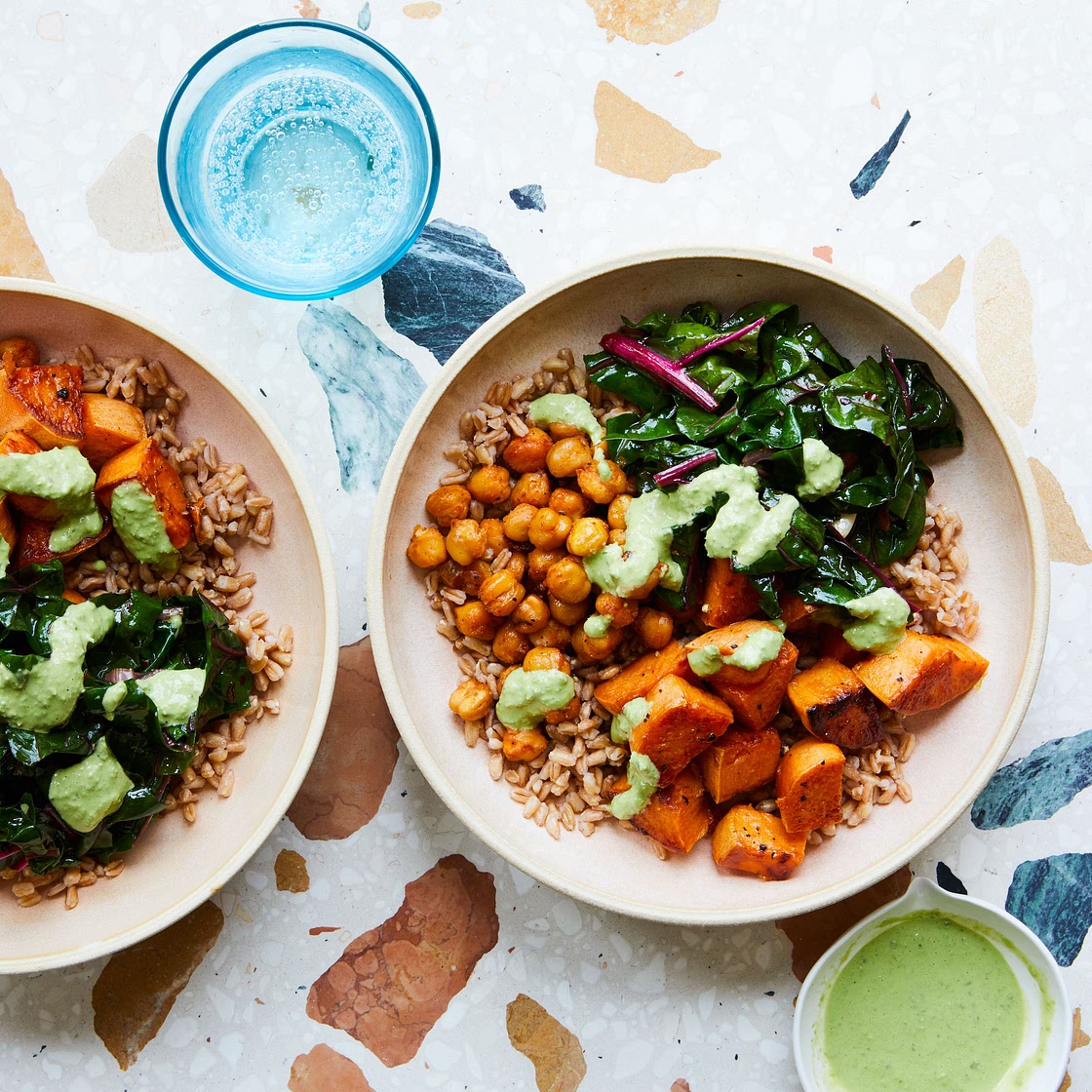 Grain Bowl With Roasted Sweet Potatoes, Spiced Chickpeas, and Chard