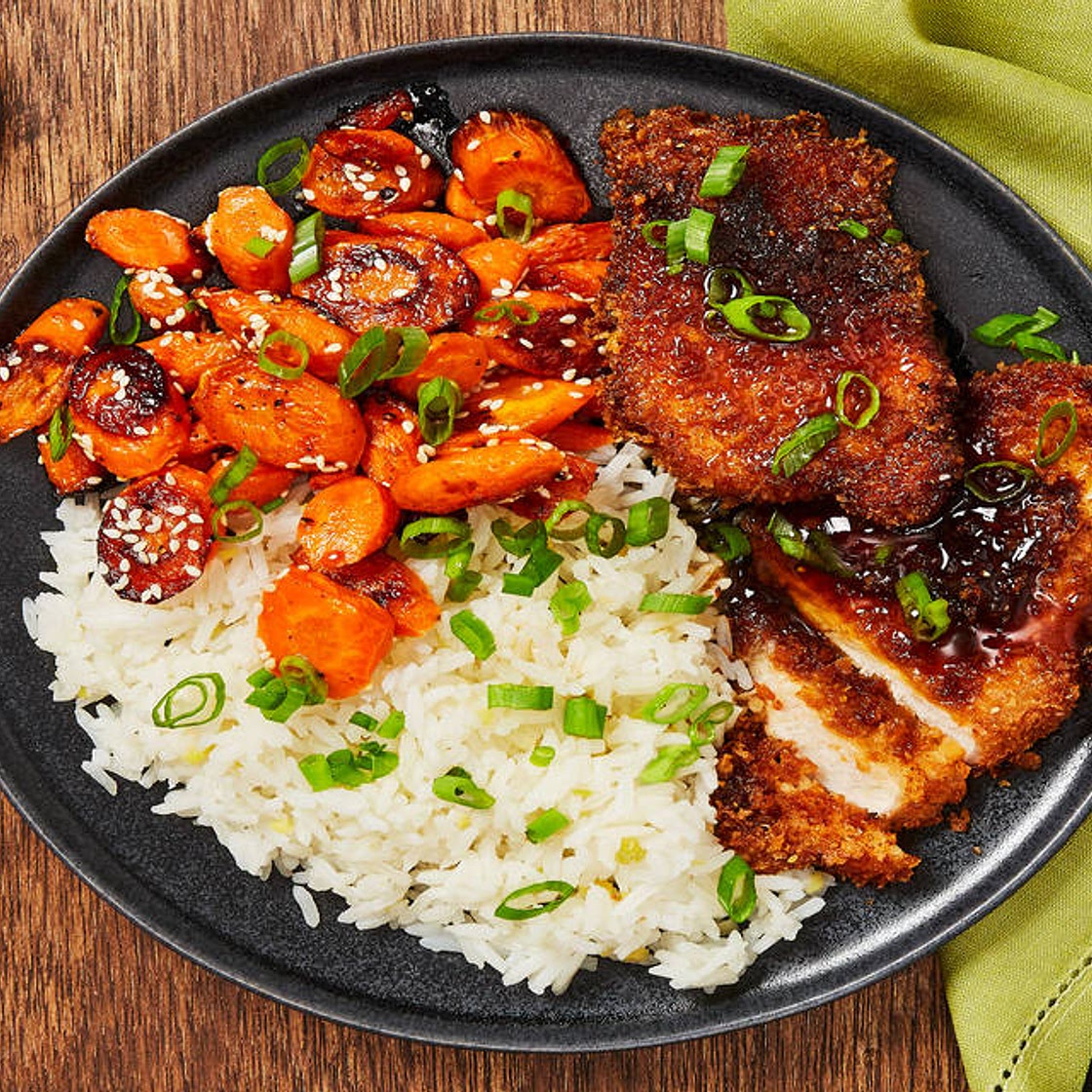 Pork Katsu with Sesame Roasted Carrots & Ginger Rice