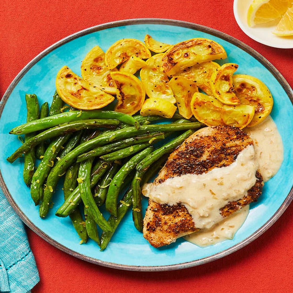 Chophouse-Style Chicken Cutlets with Shallot Sauce, Roasted Squash & Lemony Green Beans