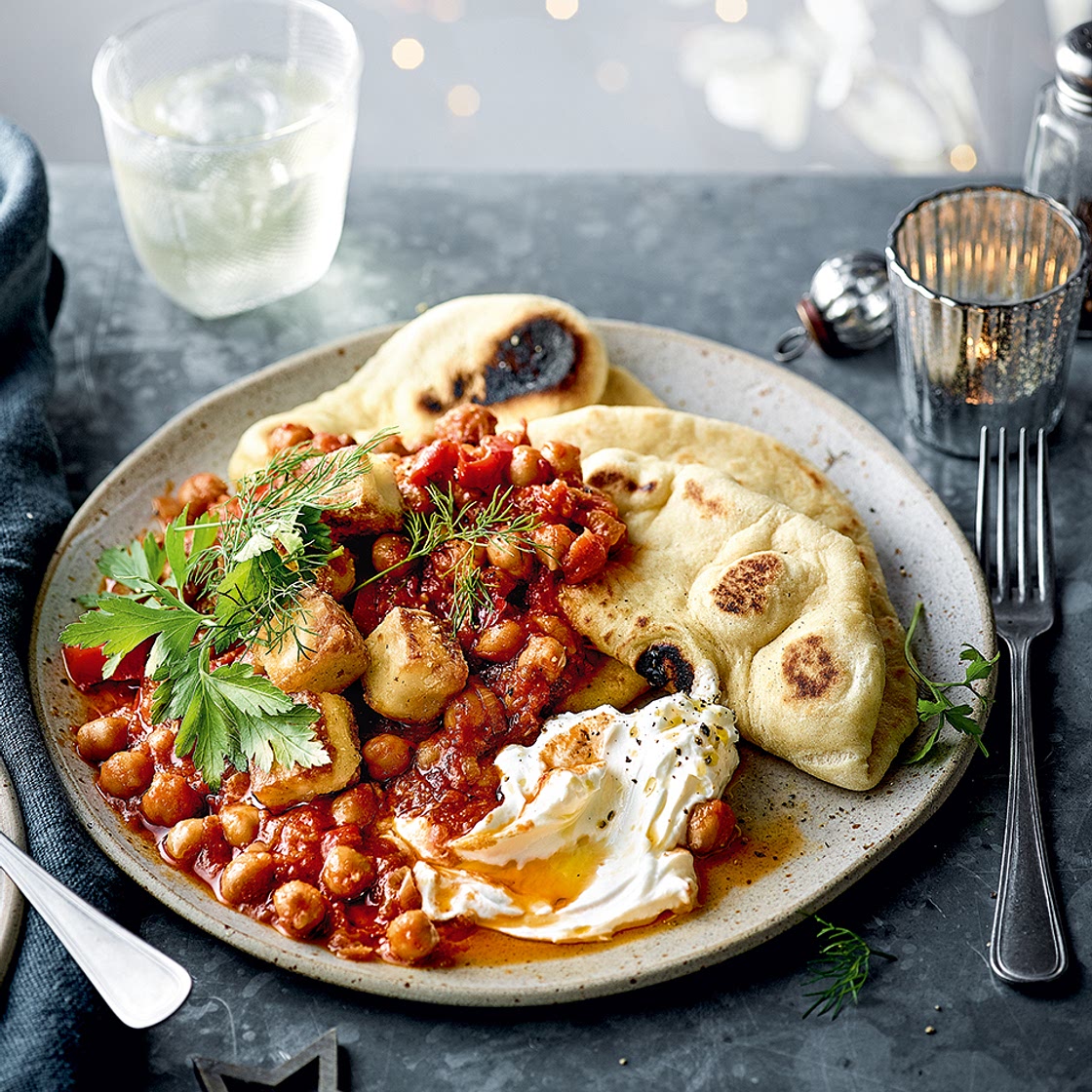 Harissa chickpea stew with crispy halloumi