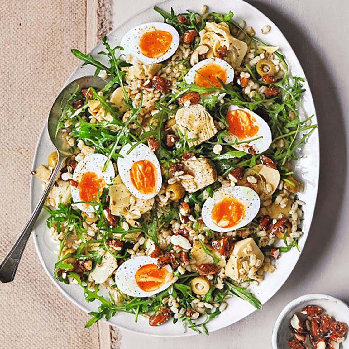 Artichoke and barley salad with soft-boiled eggs