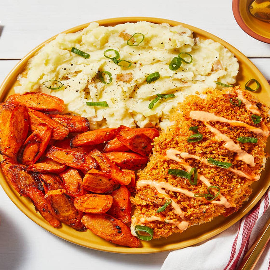 Crispy Kickin' Cayenne Chicken Cutlets with Frank’s RedHot® Original Seasoning Blend, Mashed Potatoes, Carrots & a Honey Drizzle