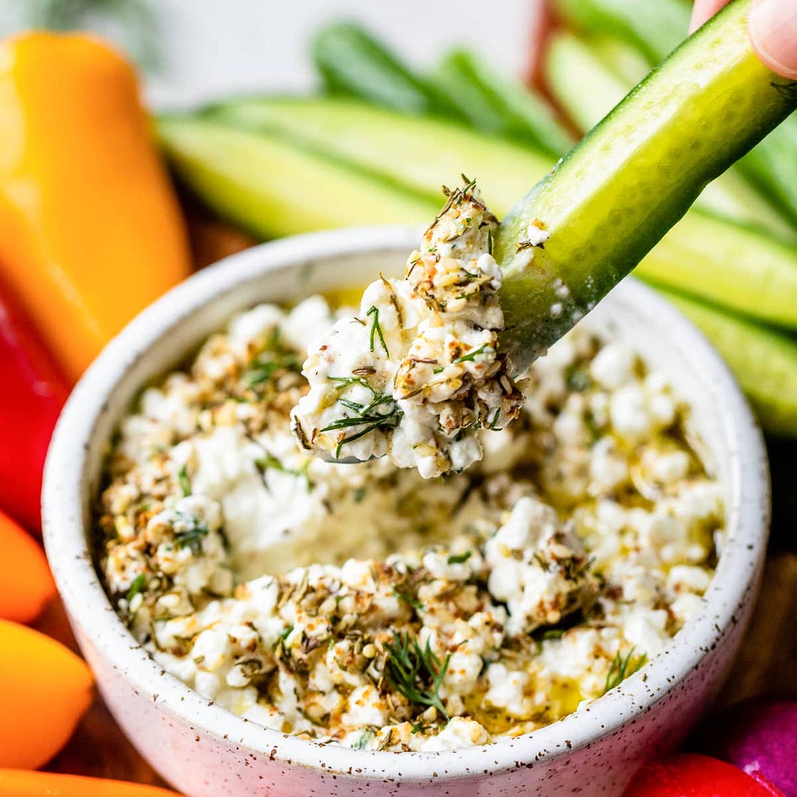High-Protein Cottage Cheese Veggie Dip with Za’atar