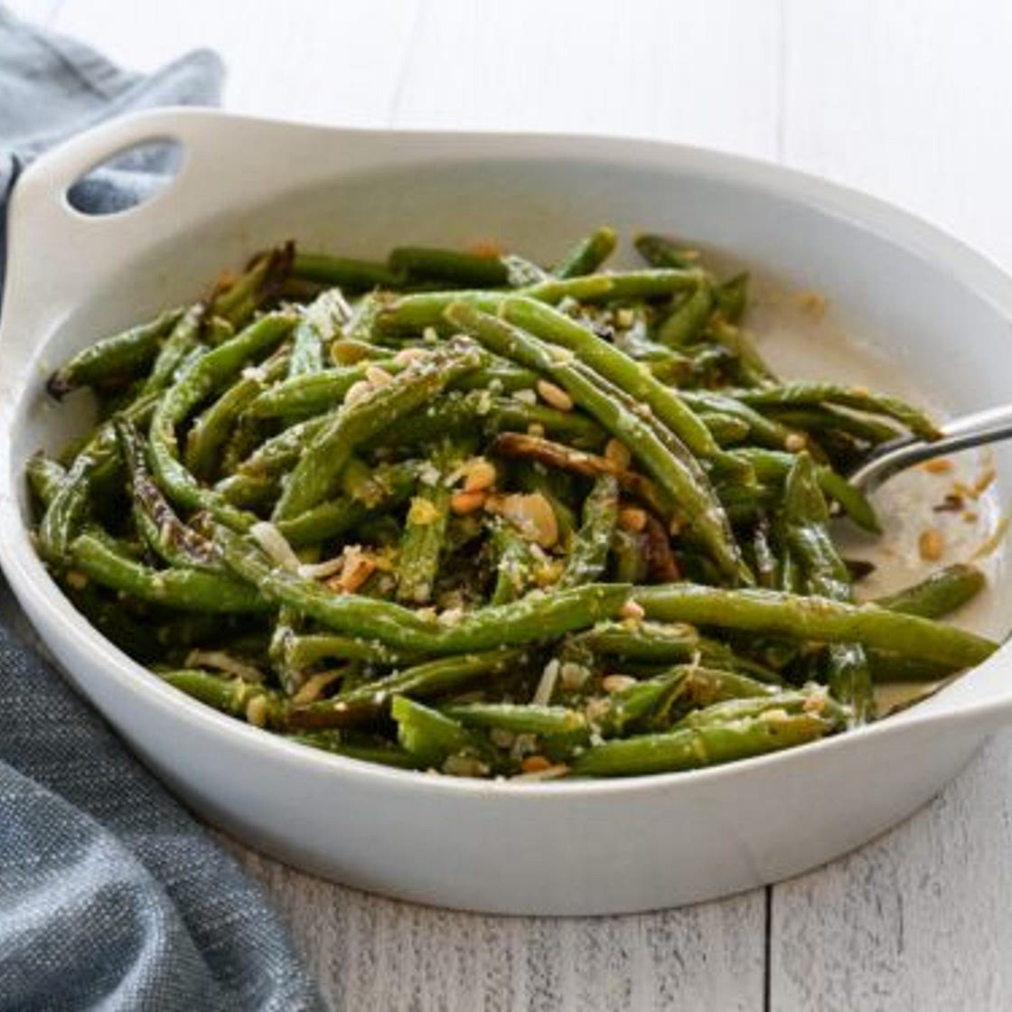 Roasted Green Beans with Garlic, Lemon, Pine Nuts & Parmesan