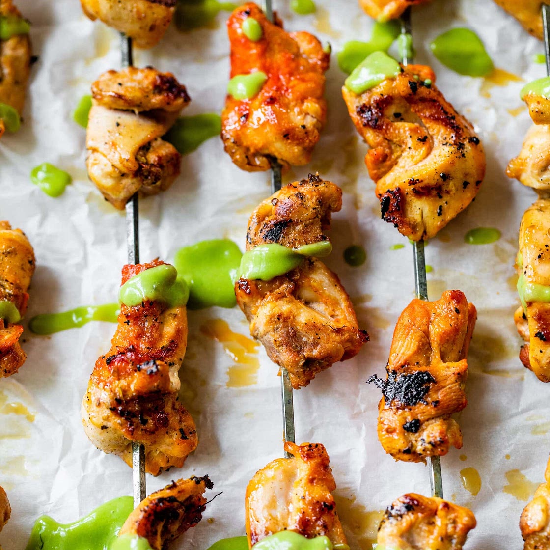 Peruvian Grilled Chicken Skewers with Avocado Aji Verde Sauce