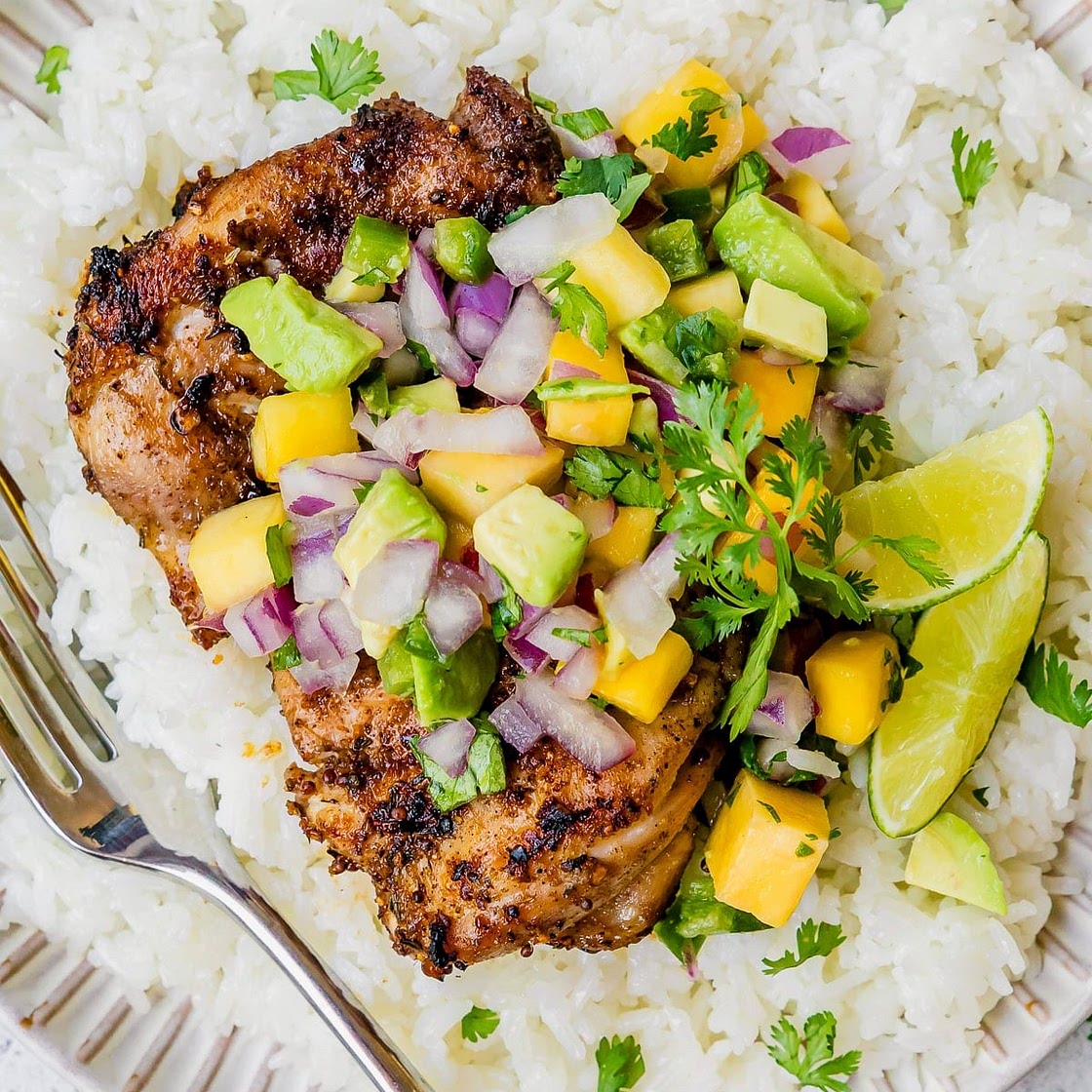 Grilled Jerk Chicken with Mango Avocado Salsa