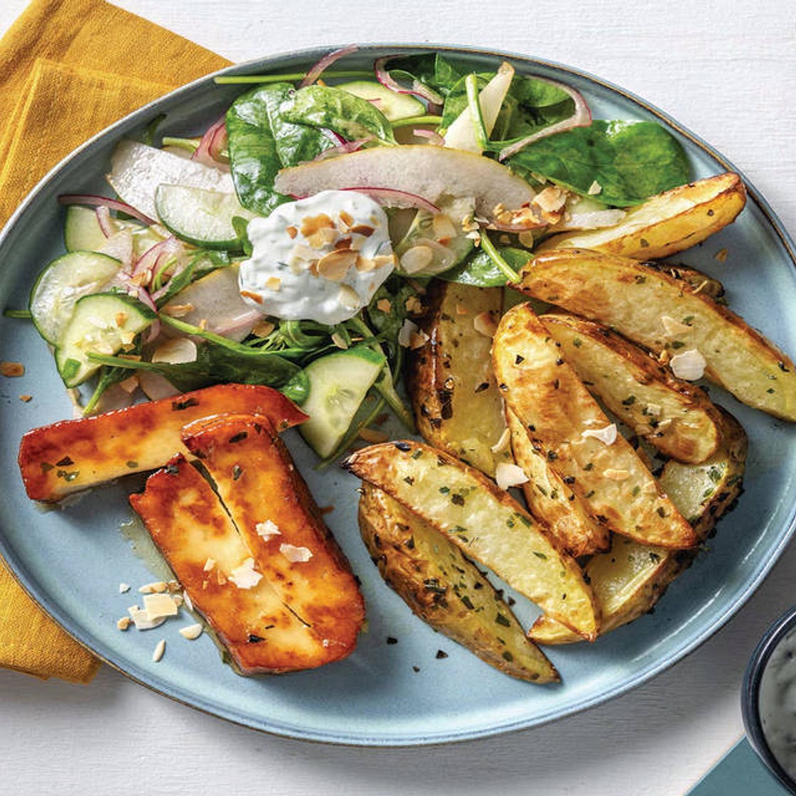 Greek-Style Haloumi & Herby Wedges with Pear Salad & Tzatziki