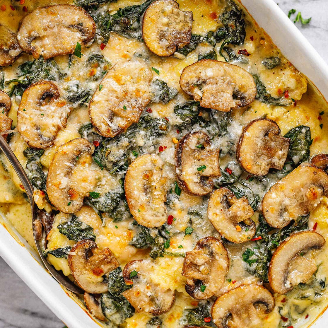 Cheesy Mushroom Ravioli Casserole with Spinach