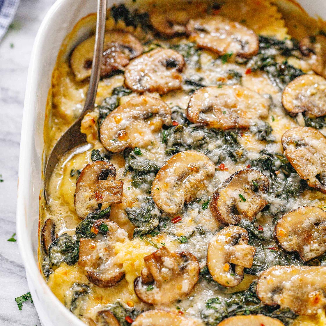 Cheesy Mushroom Ravioli Casserole with Spinach