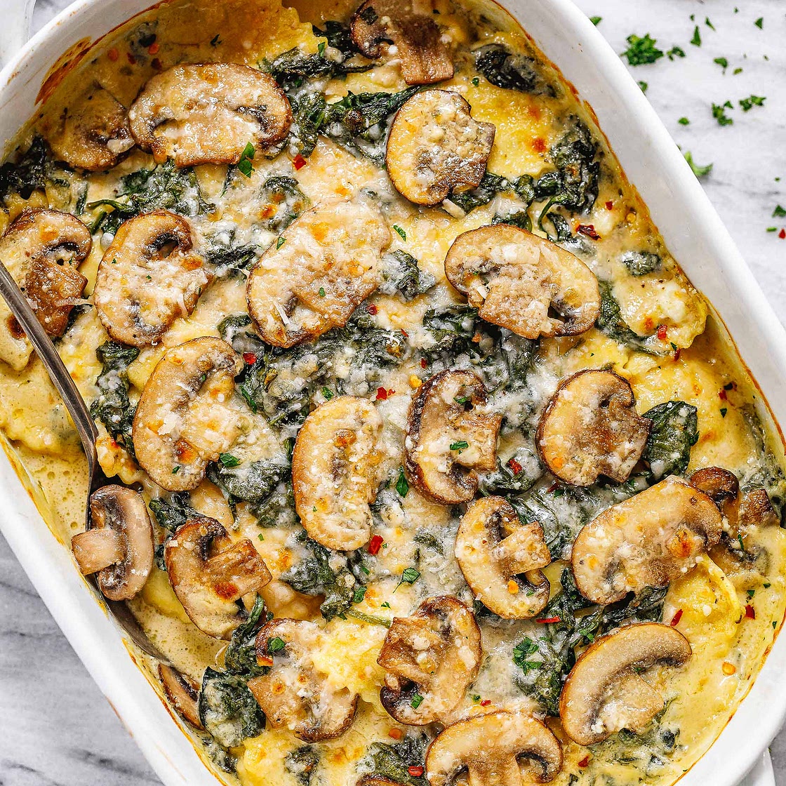 Cheesy Mushroom Ravioli Casserole with Spinach