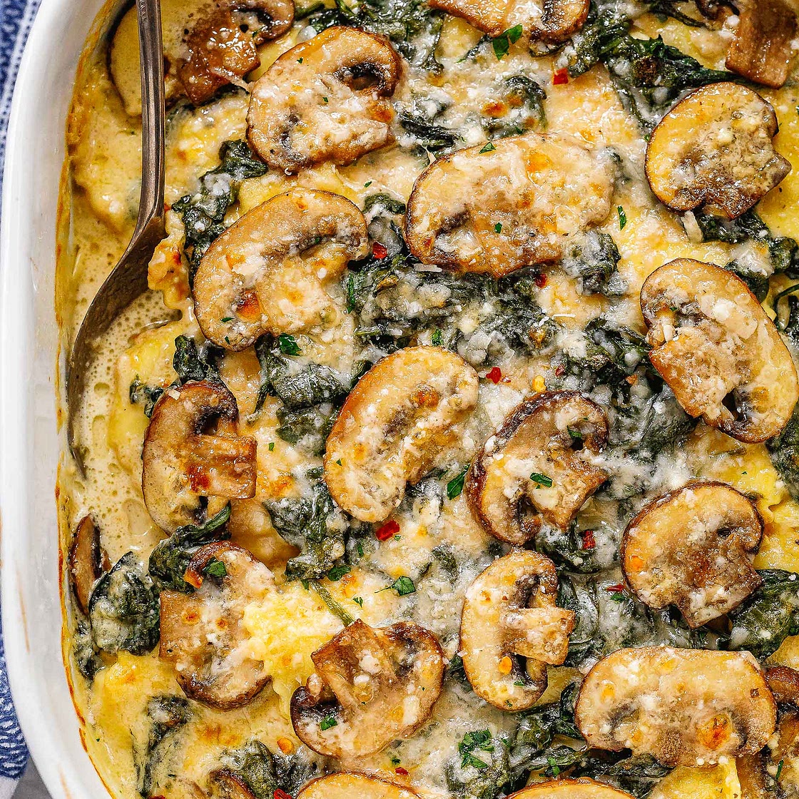 Cheesy Mushroom Ravioli Casserole with Spinach