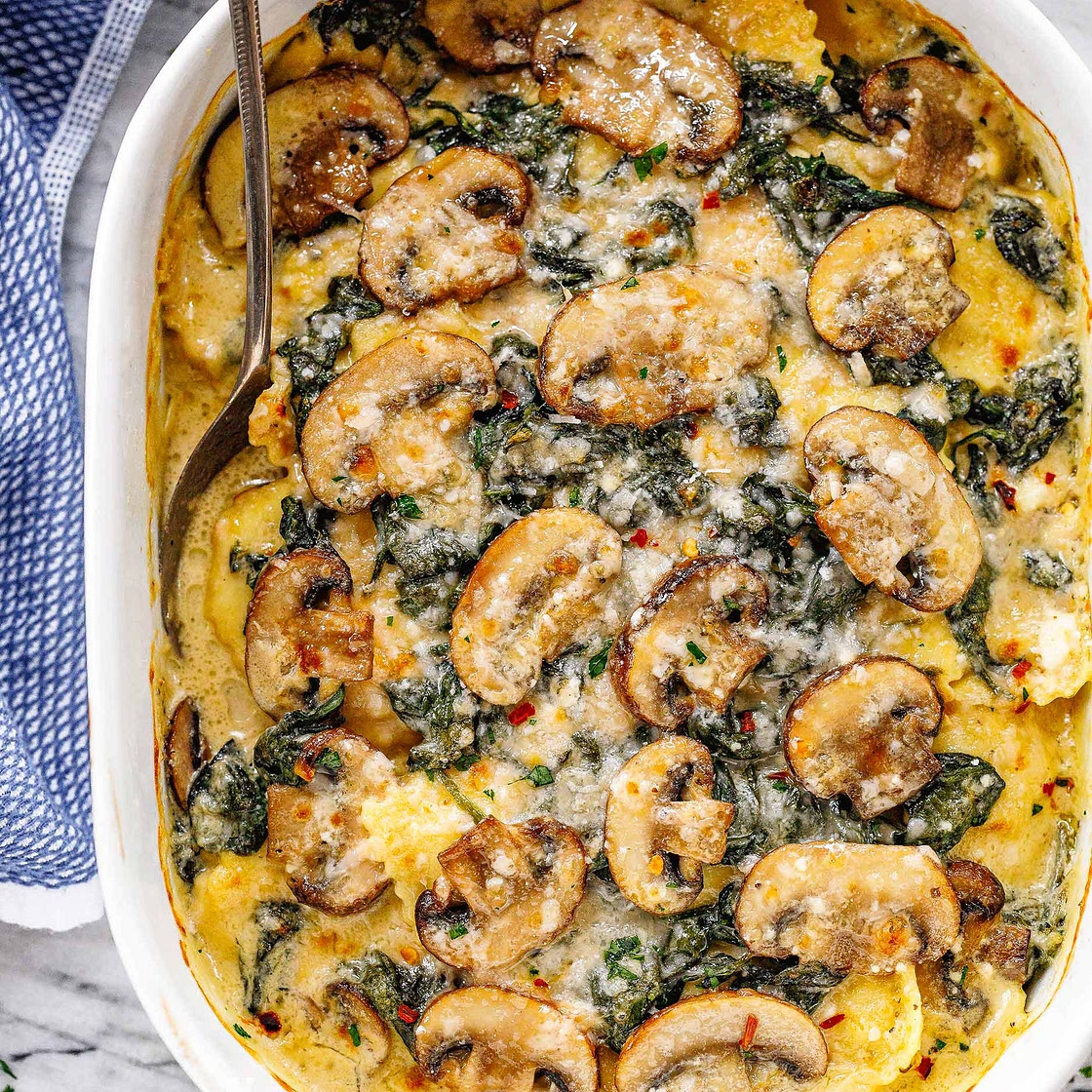 Cheesy Mushroom Ravioli Casserole with Spinach
