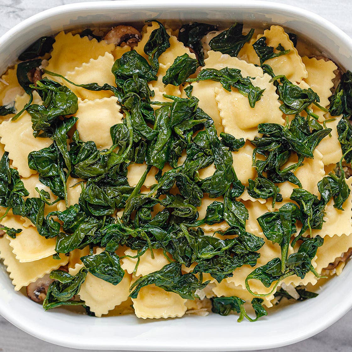 Cheesy Mushroom Ravioli Casserole with Spinach