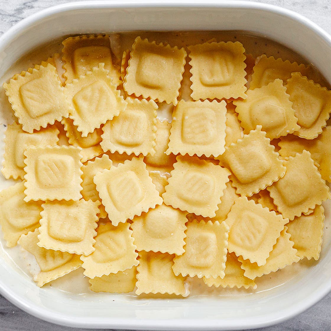 Cheesy Mushroom Ravioli Casserole with Spinach