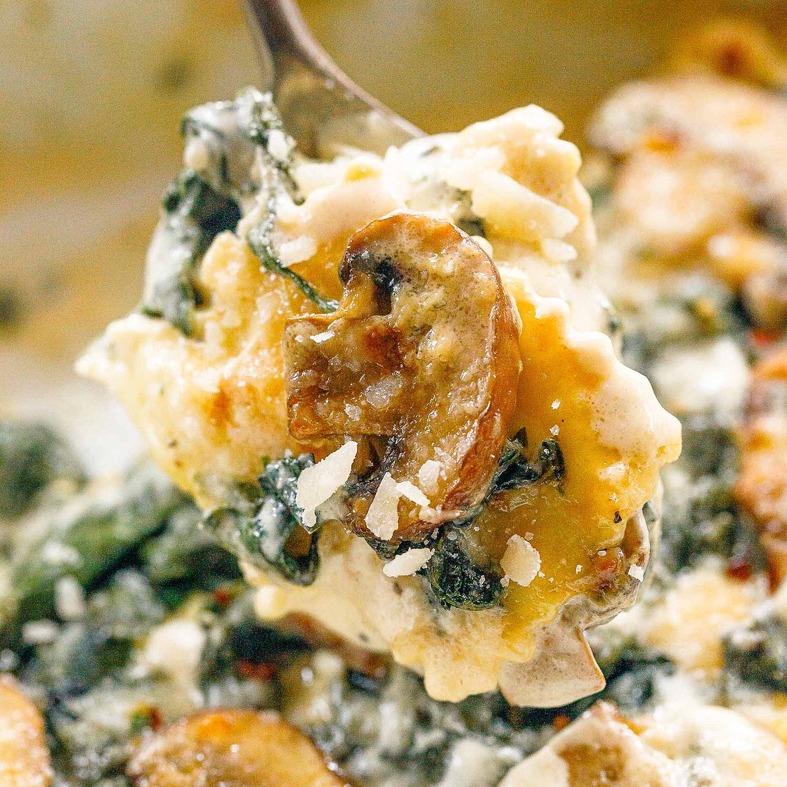 Cheesy Mushroom Ravioli Casserole with Spinach