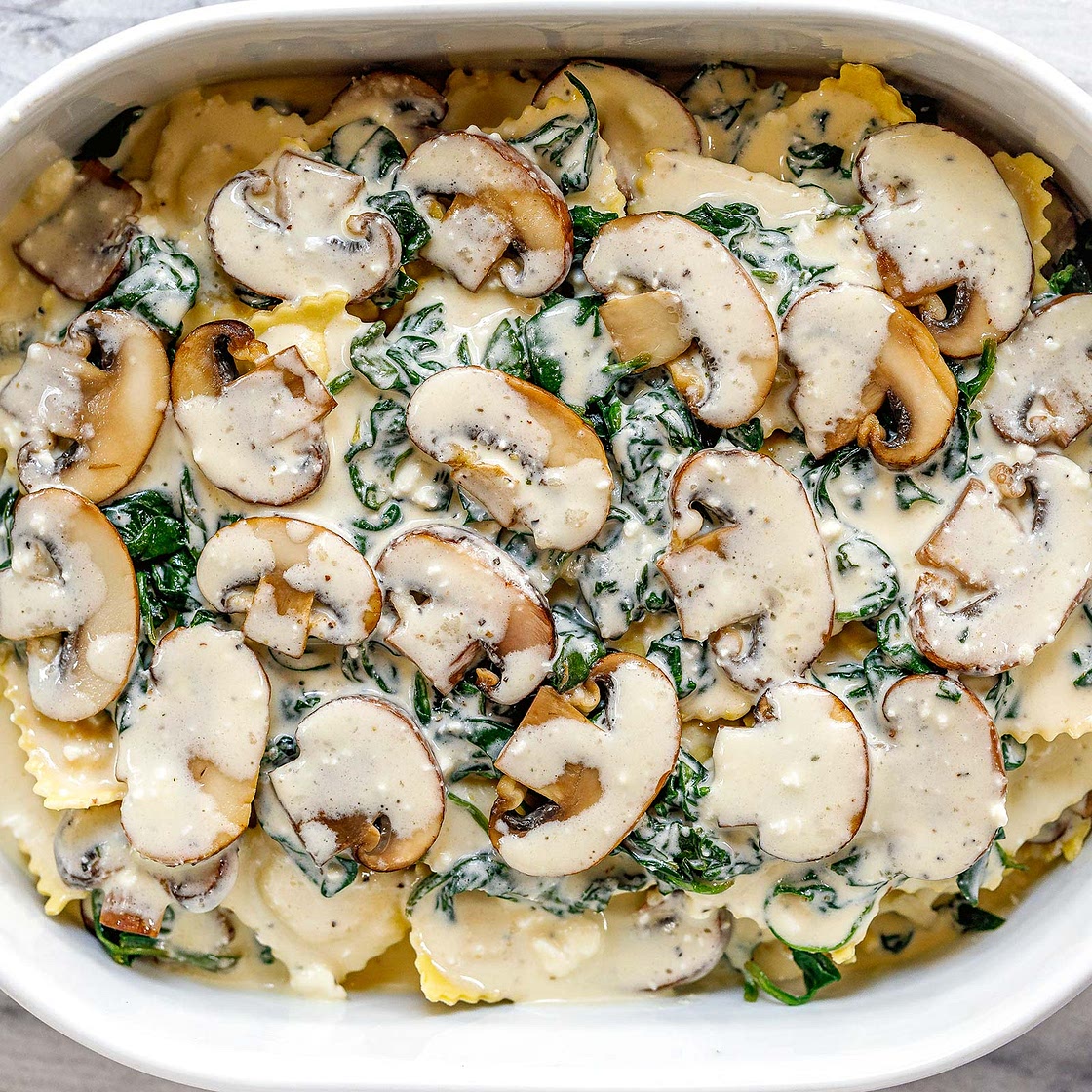 Cheesy Mushroom Ravioli Casserole with Spinach