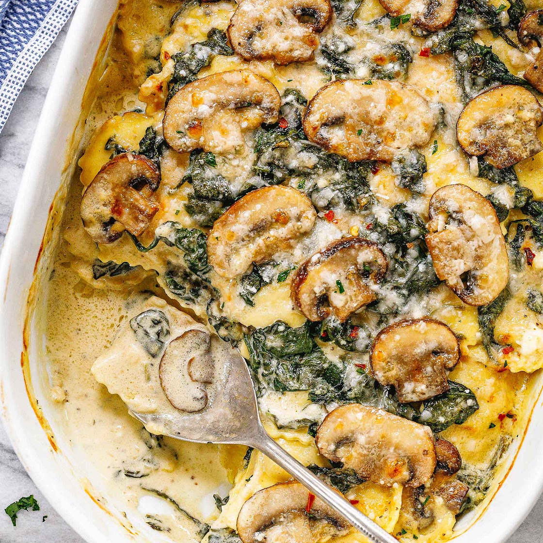Cheesy Mushroom Ravioli Casserole with Spinach