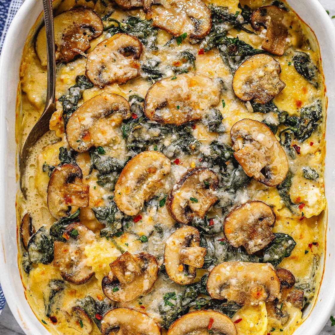 Cheesy Mushroom Ravioli Casserole with Spinach